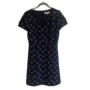 LOFT Navy Botanical Print Dress Size 2 Pockets French Girl Teacher Preppy Career